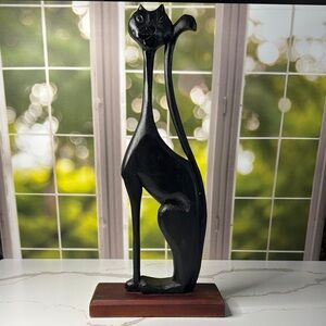 Handcrafted artisan woodentall thin Black Cat Sculpture